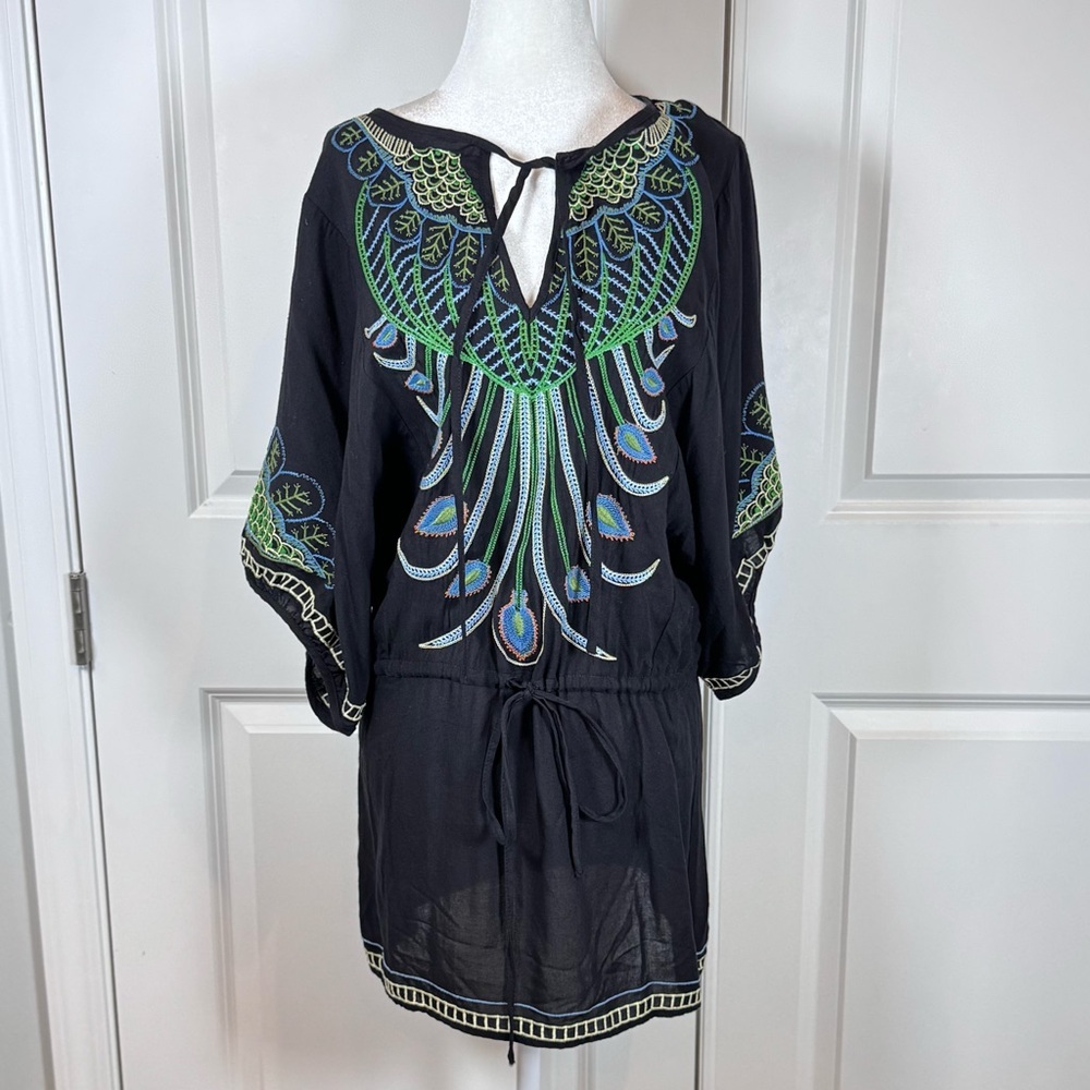 Metropark Boho Embroidered Peacock Tunic Dress Festival Resort Rayon Small Artsy